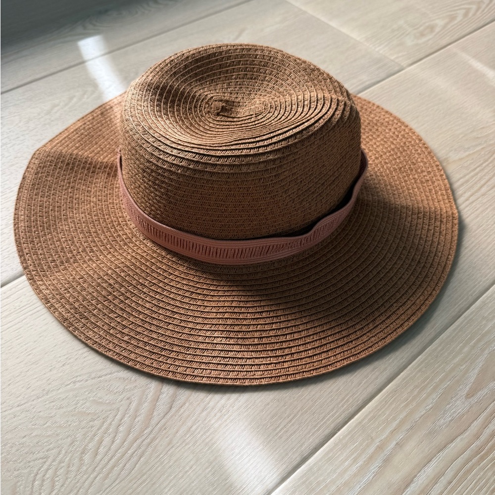 Madewell Straw Sun Hat Wide Brim Brown Pink Band Beach Vacation Summer Boho